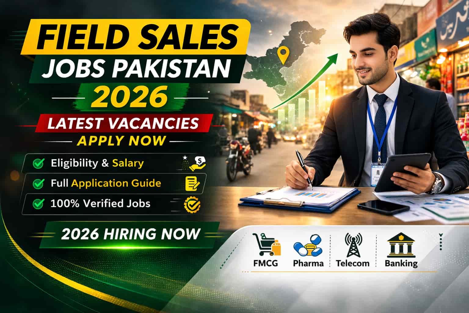 Field sales jobs Pakistan 2026 hiring guide showing sales representative in retail market with clipboard explaining salary eligibility and how to apply