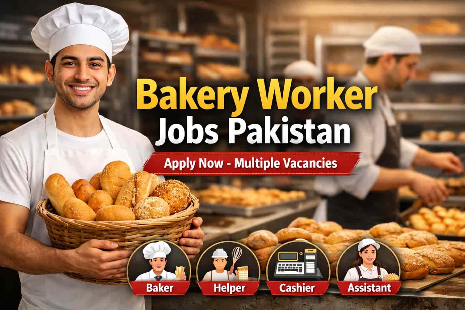 Bakery worker preparing fresh bread in a commercial kitchen for bakery worker jobs Pakistan 2026