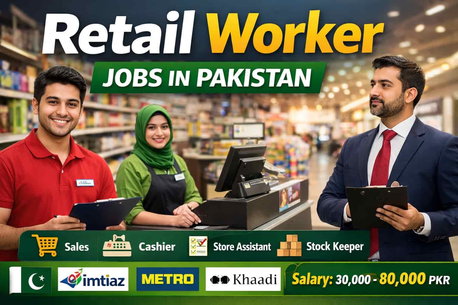 Retail worker jobs Pakistan 2026 staff assisting customers and managing store shelves in a retail shop